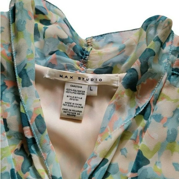 Max Studio Womens L Knee Length Sleeveless Floral Blue Cream Dress with … - Picture 4 of 4